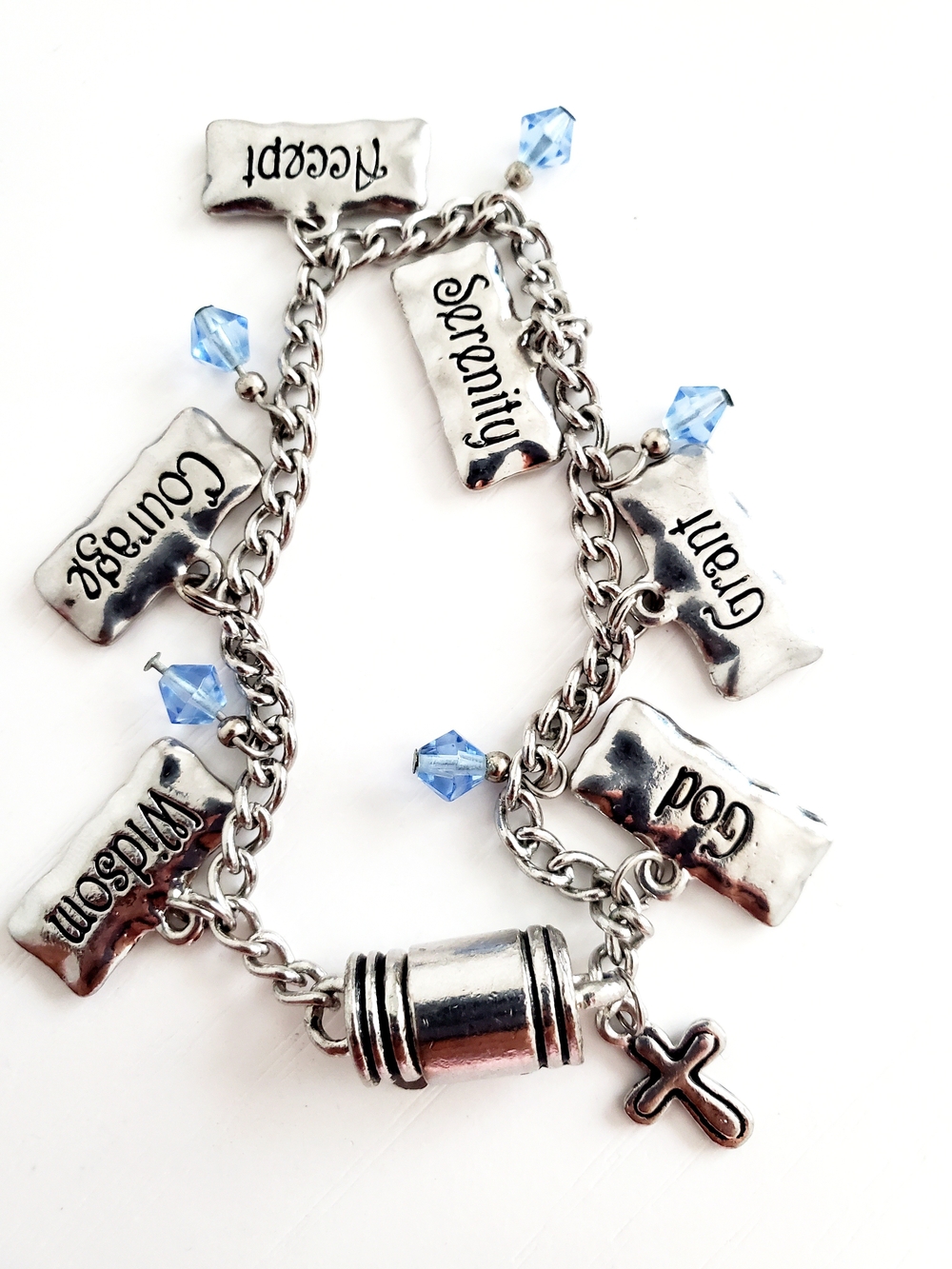 Silver Inspirational Charm Bracelet with Blue Beads